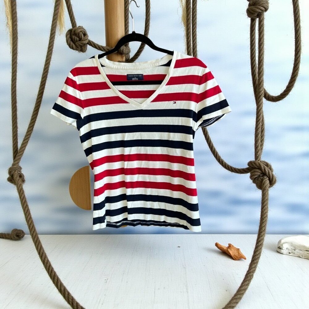 Tommy Hilfiger Nautical Stripe Short Sleeve Flag Logo Tee Size Large